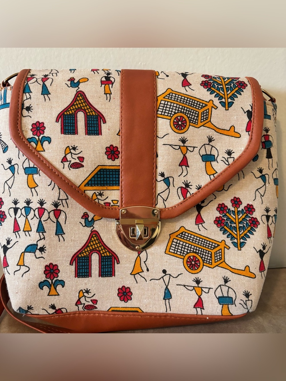 Distinctive Warli Art Print Crossbody Bag Traditional Tribal Folk Art India.